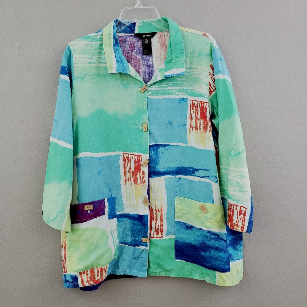 Ali‎ Miles Womens M Button Up Shirt Multicolor Linen Abstract Art to Wear Top